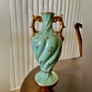 Perugia Italy blue-green-gold Porcelain Double Handles Twist 9,5” Vase